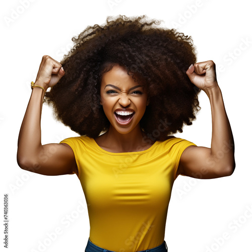 Happy african american woman with afro hairstyle and yellow t-shirt gesturing success.