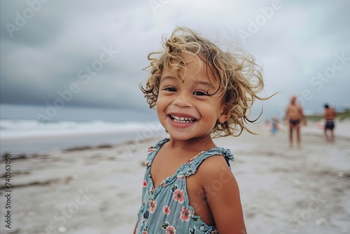 Portrait of a smiling little girl on the seashore.