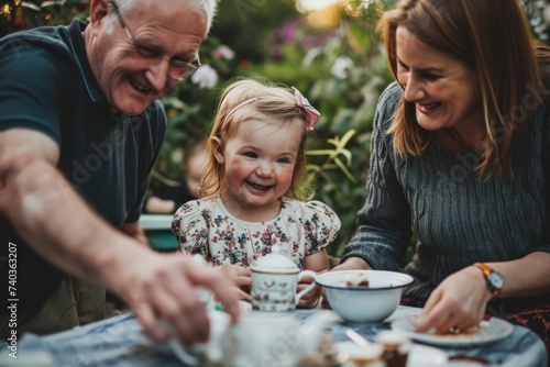 Grandparents and granddaughter having a tea party in the garden. Grandmother, grandfather and granddaughter having fun together.