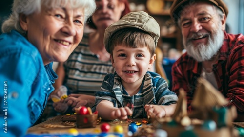 Happy family playing together at home. Grandfather, grandmother and grandson are having fun together.