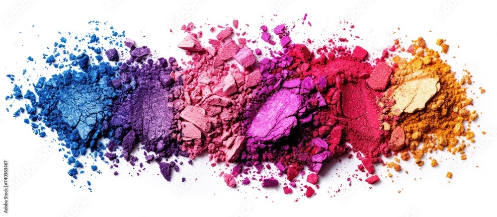 A crushed palette of makeup cosmetics showcasing a group of different colored eyeshades on a plain white background.