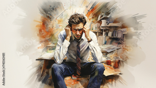 Illustration of businessman very stressed out, Overworked, burned out and stressed businessman worker sitting at office desk table with lot of files paperwork and documents in the background. photo