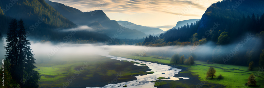 Magical Mornings: A Quaint River Winding through a Misty Mountainous Landscape at Dawn - obrazy, fototapety, plakaty 