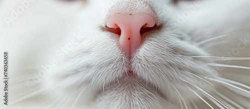 A close up of a Felidaes white cat snout with whiskers, showcasing its carnivore characteristics. Small to mediumsized carnivorous terrestrial animal with fur and paw visible photo