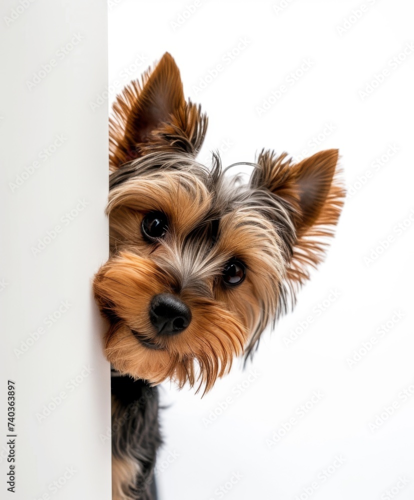Yorkshire terrier peeking from behind the corner, curious