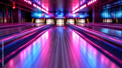 Vibrant neon lights of a bowling alley creating an electrifying atmosphere for the game