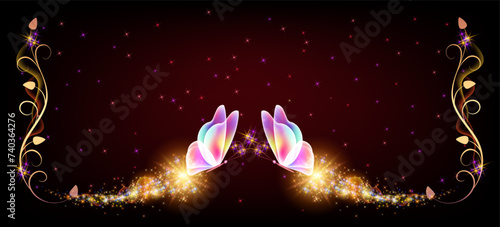 Flying delightful butterflies with sparkle and blazing trail flying in night sky among shiny glowing stars in cosmic space. Animal protection day concept.