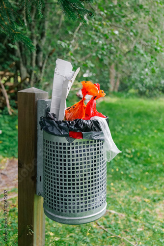 Trash in the forest. Clean forest concept.Garbage collection in forests and natural areas. Garbage in the natural environment. Ecological concept. photo