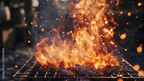 Intense flames leaping from a charcoal grill evoking the heat of outdoor cooking