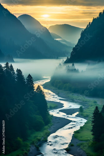 Magical Mornings: A Quaint River Winding through a Misty Mountainous Landscape at Dawn