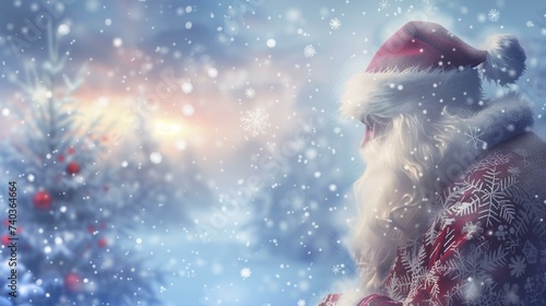 Enchanting Christmas Scene with Santa and Snowy Tree Backdrop
