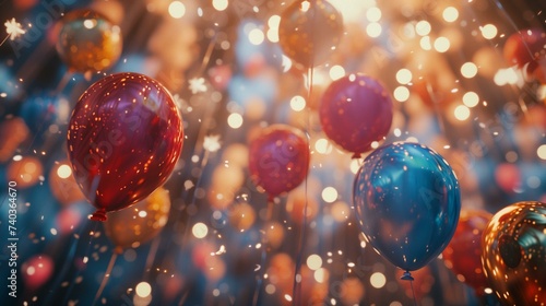 Festive Balloons with Confetti and Sparkles on Blue Bokeh Background © Qstock