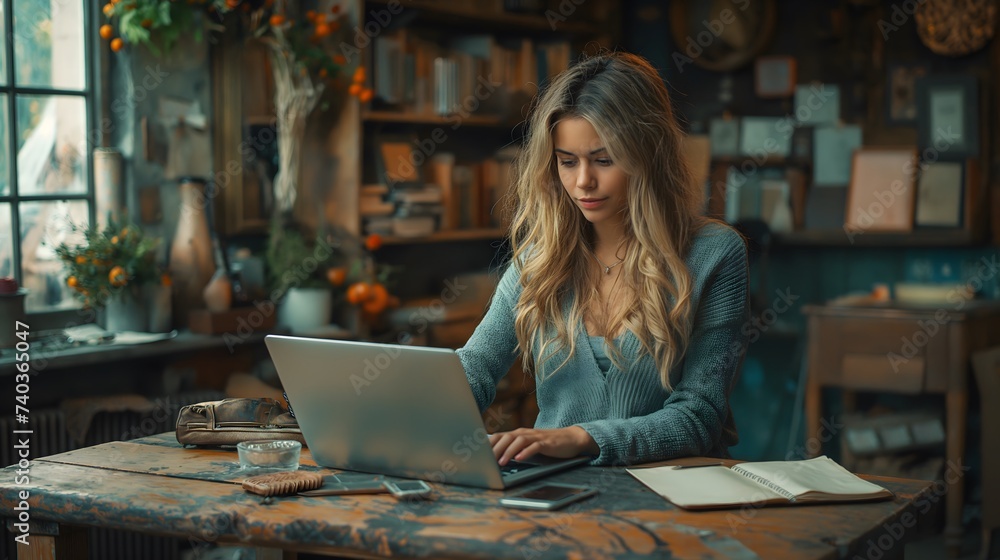 Hübsche junge Frau arbeitet in einer gemütlichen Umgebung am Laptop, Konzept modernes Büro, Work Life Balance Hübsche junge Frau arbeitet in einer gemütlichen Umgebung am Laptop, Konzept modernes Büro, Work Life Balance