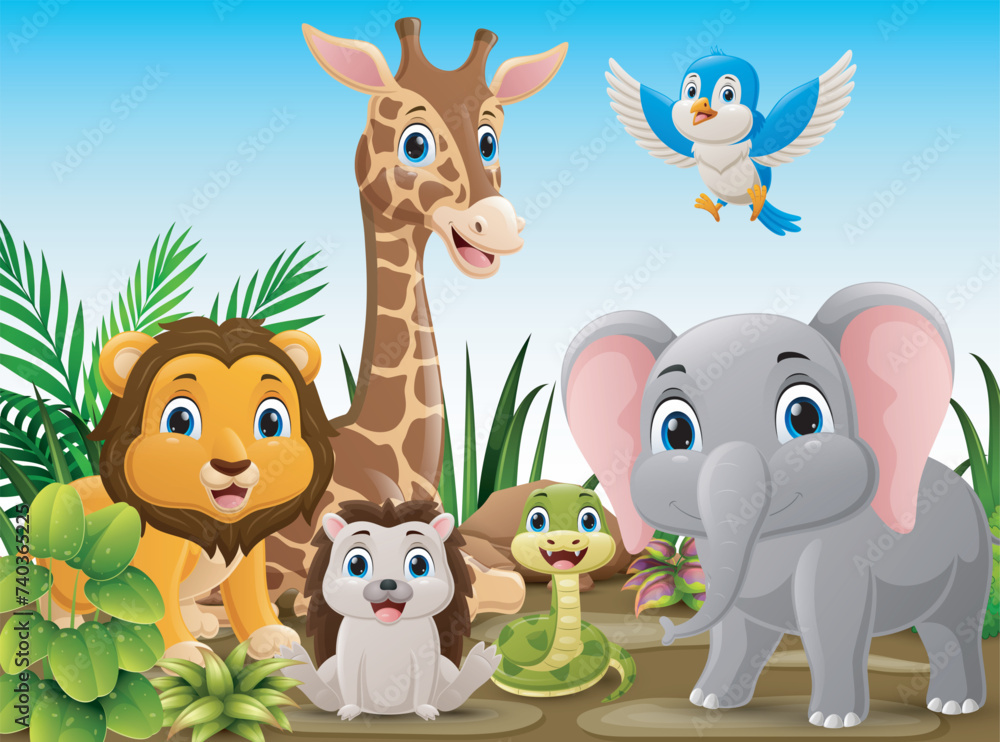 Fototapeta premium Cute wild animals cartoon in the jungle