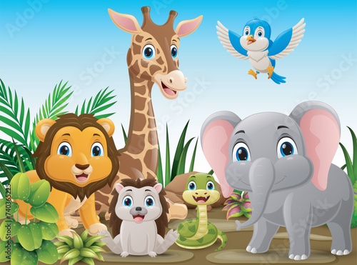 Cute wild animals cartoon in the jungle