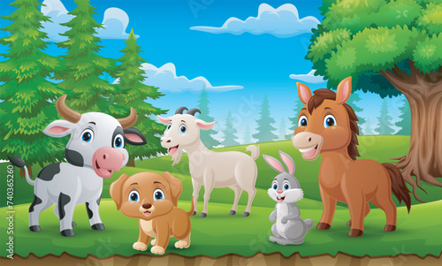 Fototapeta Naklejka Na Ścianę i Meble -  Cute farm animals cartoon in the jungle