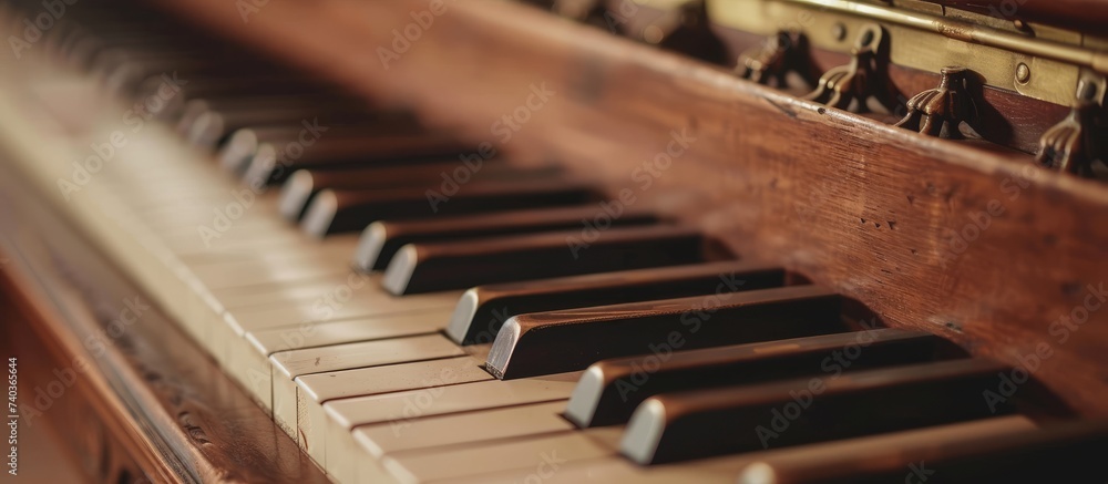 A detailed view of the keys on a vintage piano, showcasing the beauty of the wooden keyboard of this classic musical instrument