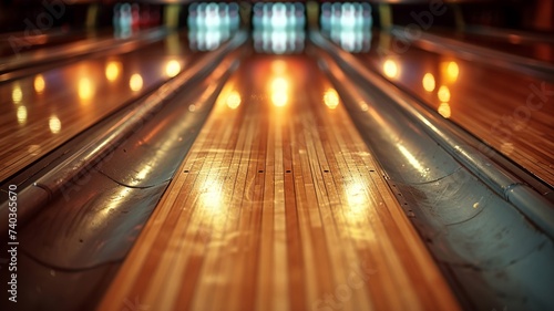 Bowling lane view highlighting the polished wooden floor and pins at the end under warm lights photo