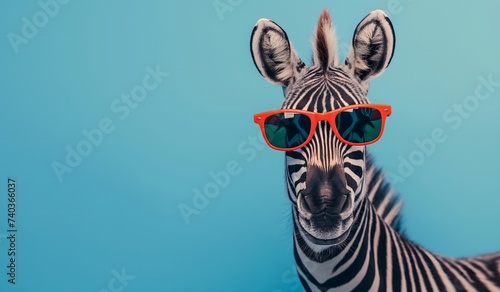 Cooles Zebra mit Sonnenbrille auf blau orangenem Hintergrund