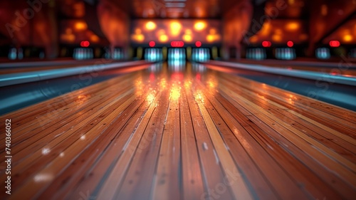 Bowling lane view highlighting the polished wooden floor and pins at the end under warm lights photo