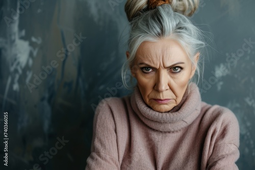 Elderly woman with wrinkled face and skeptical look