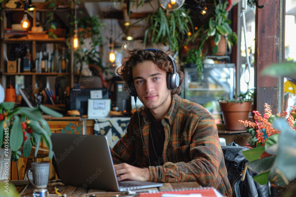 Young man wearing wireless headphones using laptop in cafe. Freelance working concept. Young man wearing wireless headphones using laptop in cafe. Freelance working concept.