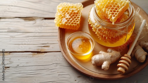 Golden honey in glass jar with honeycomb and dipper on rustic wooden table