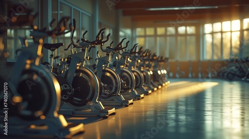 Row of modern stationary bikes bathed in warm light in a fitness center inviting an active lifestyle