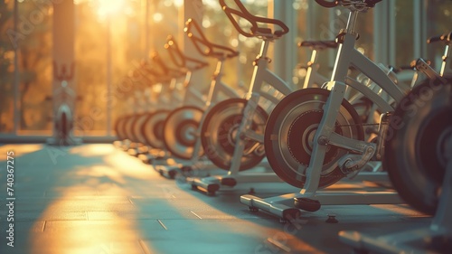 Dynamic energy of a row of stationary exercise bikes in a sunlit gym