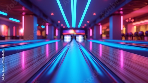 Vibrant neon lights of a bowling alley creating an electrifying atmosphere for the game © nur