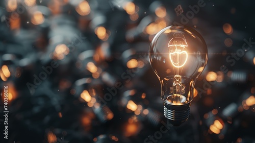 One of Lightbulb glowing among shutdown light bulb in dark area with copy space for creative thinking , problem solving solution and outstanding concept by 3d rendering technique photo
