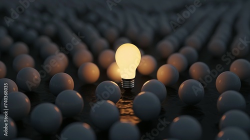 One of Lightbulb glowing among shutdown light bulb in dark area with copy space for creative thinking , problem solving solution and outstanding concept by 3d rendering technique