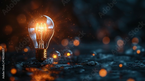 One of Lightbulb glowing among shutdown light bulb in dark area with copy space for creative thinking , problem solving solution and outstanding concept by 3d rendering technique
