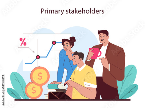 Primary stakeholders concept. Team evaluates financial growth through data analysis.