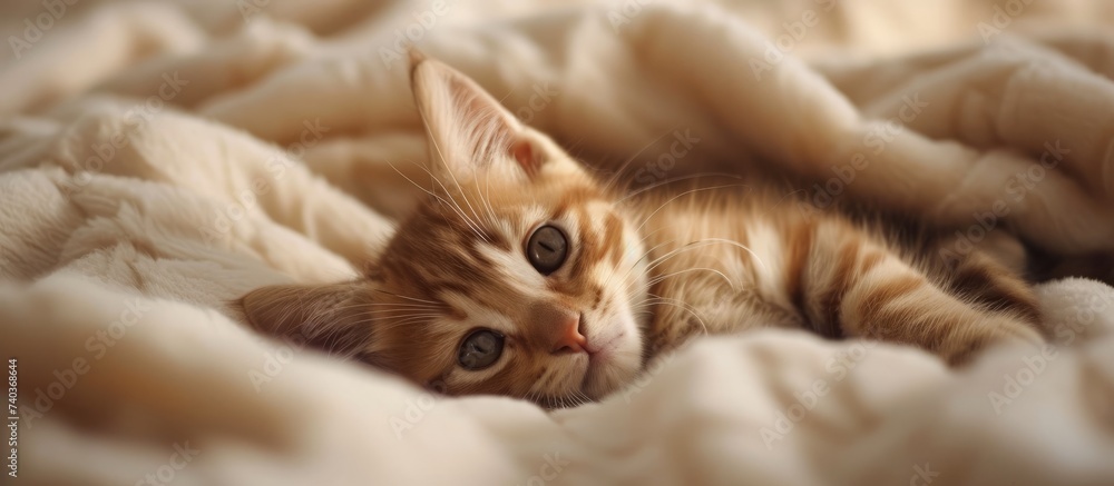 A domestic shorthaired cat, a small to mediumsized Felidae and carnivore, is laying on a blanket on a bed. Its fawn fur and whiskers are visible in the closeup shot of this terrestrial animal