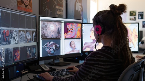 Female Designer Working On Multiple Computer