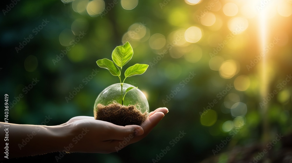 Sustainable Future: Hand Holding Light Bulb against Nature, Green Energy and Renewable Sources
