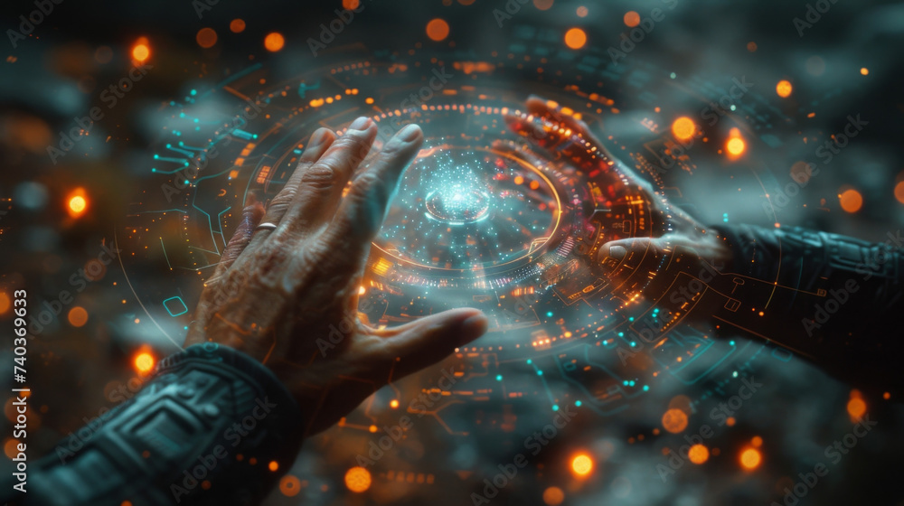 Translucent graphs and charts hover around a holographic figure ...