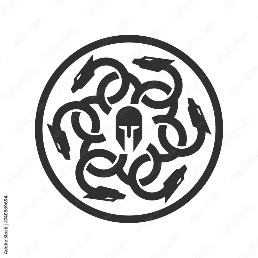 an illustration of spartan helmet in a circle with some snake around it an illustration of spartan helmet in a circle with some snake around it