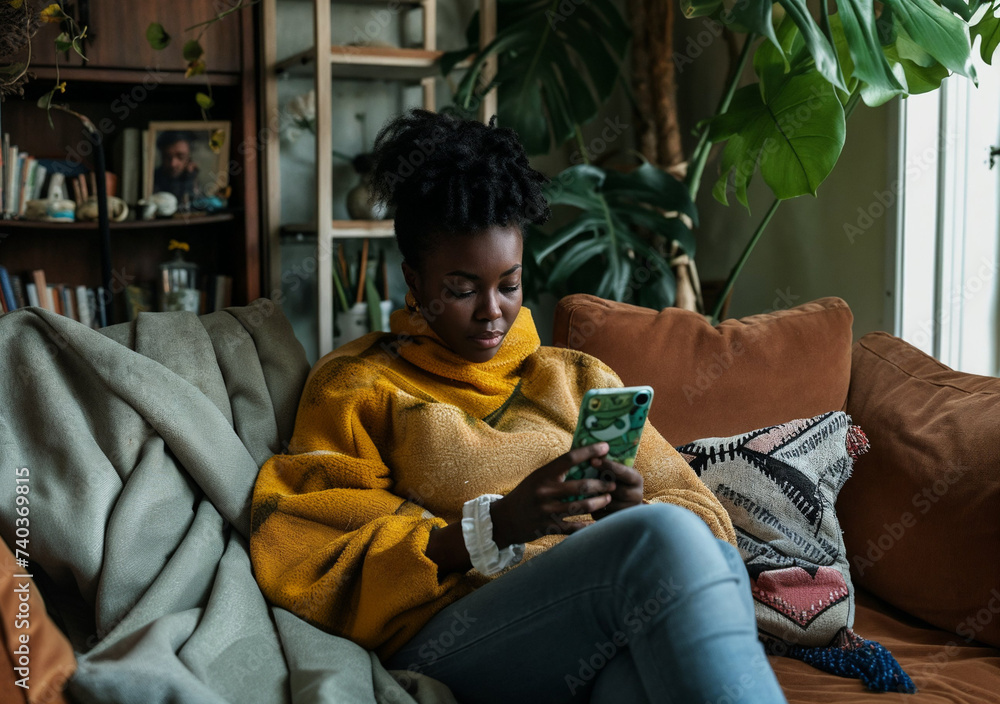 Young hip trendy black woman  in her living room on her phone, fashionably dressed in her interior livingroom, indoor plants and beautiful cool sunlight pouring in. Top editorial, afro hair, orange 