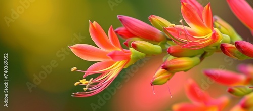 A macro photography shot of a peach flower with vibrant petals  set against a lush green background showcasing the beauty of this terrestrial herbaceous plant
