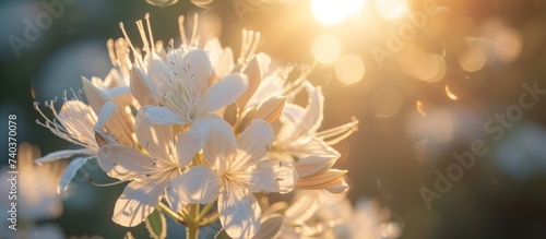 Beautiful white flowers shining in the warm sunlight of a serene garden