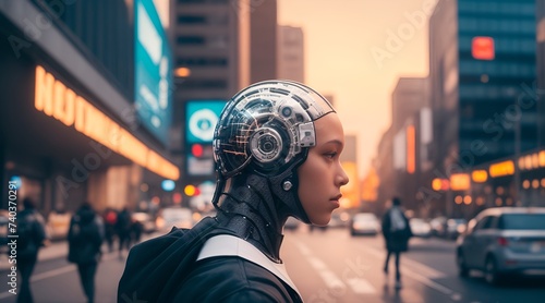Physical representation of Artificial Intelligence and a Sustainable Future on a busy avenue in a metropolis
