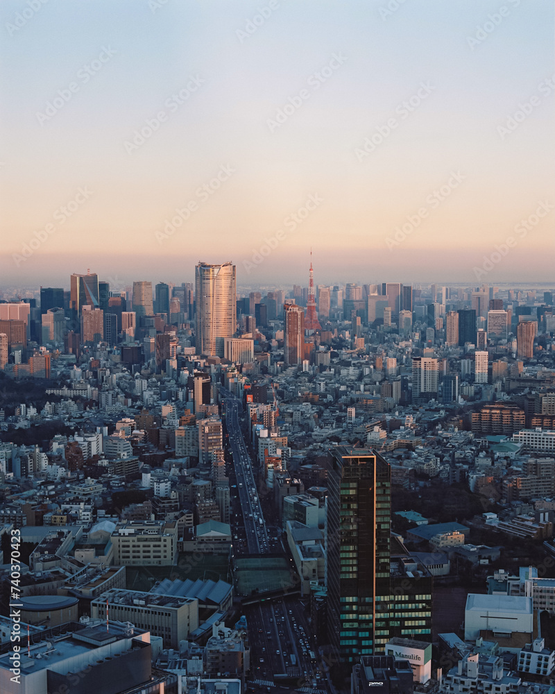 高い場所から眺めた東京の夕焼け