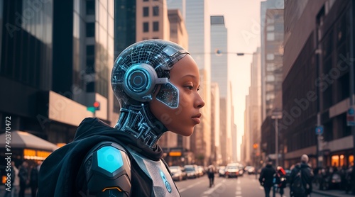 Physical representation of Artificial Intelligence and a Sustainable Future on a busy avenue in a metropolis