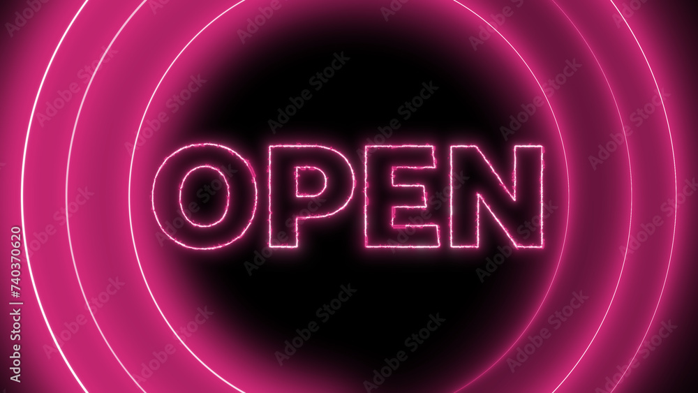 Neon sign with word open circular lines on a dark purple background.