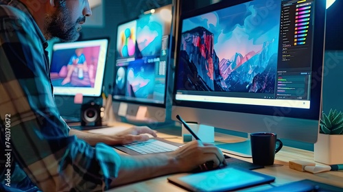 Graphic designer working on creative desk computer while using graphic tablet at desk in the office