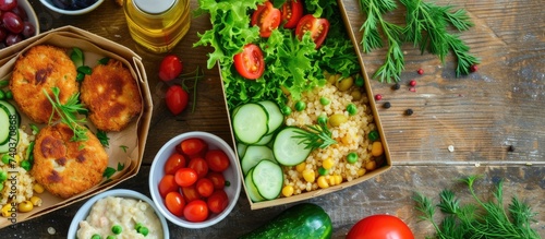 A vegetarian meal with pea cutlets, salad, cucumbers, tomatoes, olives, and porridge, all presented in an eco-friendly food box, arranged on a table.