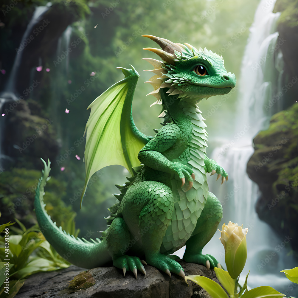 cute adorable dragon baby with wings and horns seating at stone near waterfall. 2024 year chinise symbol. AI generated