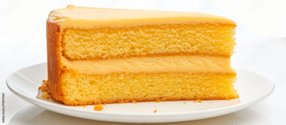 Fototapeta premium A slice of cake, a popular dessert, is placed on a white plate. It is a sweet treat made of various ingredients, baked goods, and often served as a birthday cake